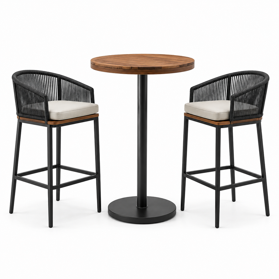 3-teiliges Gartenbar-Set mit rundem Bartisch Ø 80 × 105 cm und 2 Barstühlen 58 × 60 × 105 cm, Braun, Schwarz und Beige
