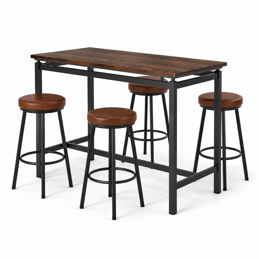 5-teiliges Bartisch-Set mit 4 Barhockern, Tisch 120 × 60 × 90 cm, Hocker Ø 35 × 65 cm, Braun/Schwarz, Industriestil