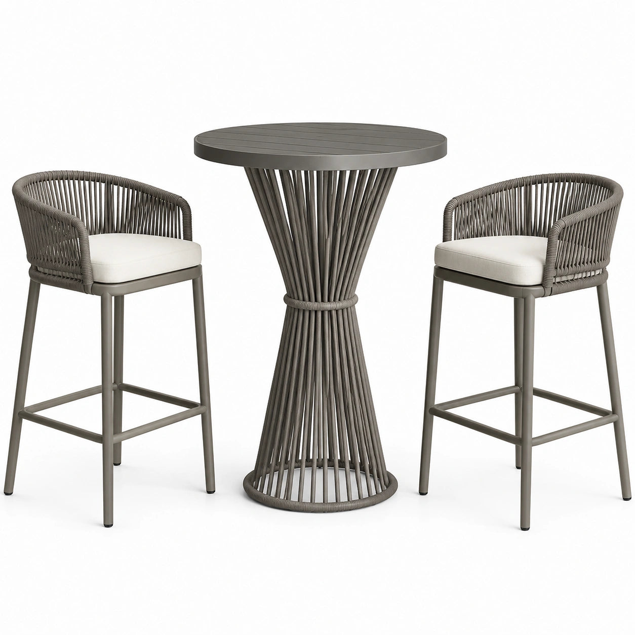 3-teiliges Gartenbar-Set in Taupe und Cremeweiß mit Bartisch Ø 80 × 105 cm und 2 Barhockern 58 × 55 × 104 cm