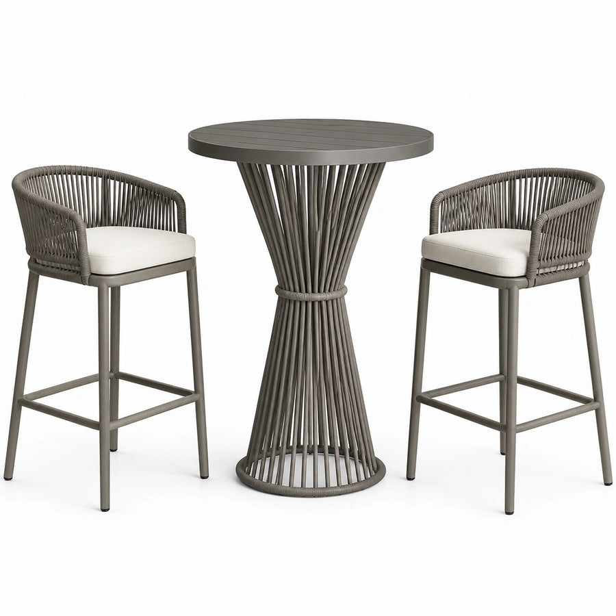 3-teiliges Gartenbar-Set in Taupe und Cremeweiß mit Bartisch Ø 80 × 105 cm und 2 Barhockern 58 × 55 × 104 cm