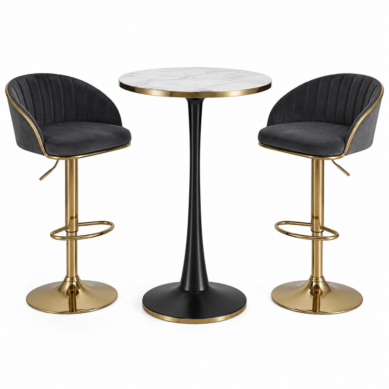 3-teiliges Bartisch-Set mit Tisch Ø 80 × 105 cm und 2 höhenverstellbaren Barhockern 55 × 50 × 85–105 cm, Schwarz/Gold/Weiß/Grau