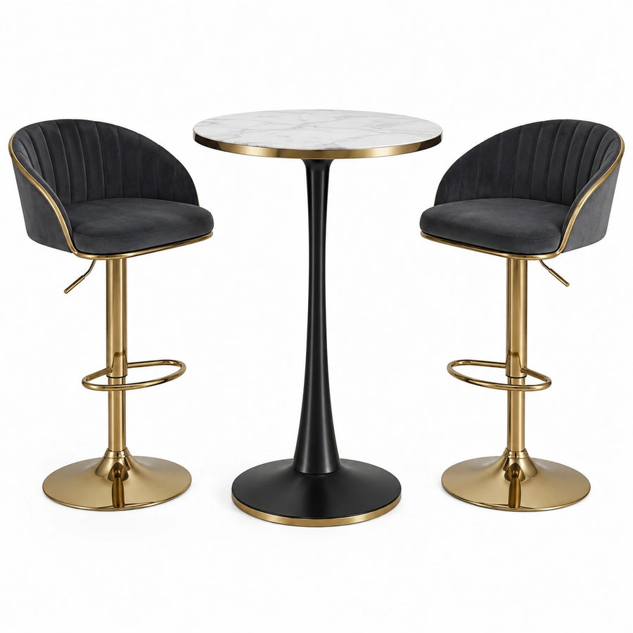 3-teiliges Bartisch-Set mit Tisch Ø 80 × 105 cm und 2 höhenverstellbaren Barhockern 55 × 50 × 85–105 cm, Schwarz/Gold/Weiß/Grau