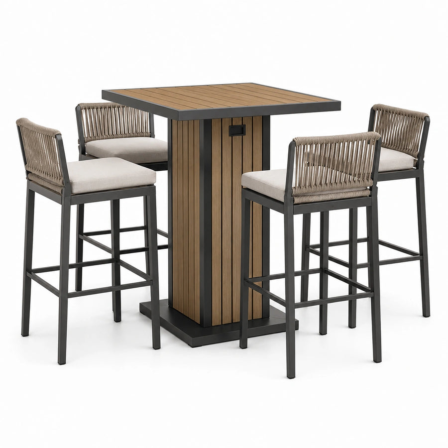 5-teiliges Gartenbar-Set in Braun, Anthrazit, Taupe und Beige – Tisch 100 × 100 × 105 cm mit 4 Barstühlen 55 × 58 × 108 cm