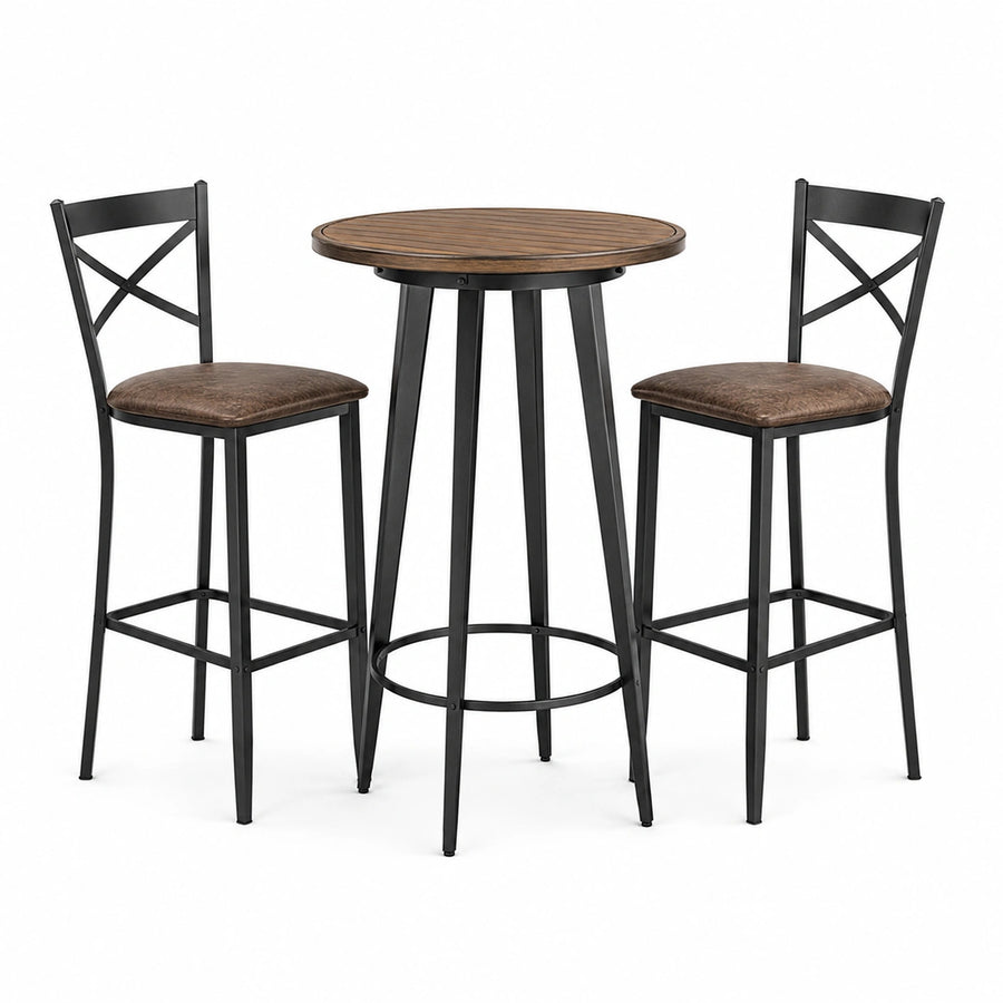 3-teiliges Barset mit rundem Bartisch Ø 80 × 90 cm und 2 Barstühlen 42 × 48 × 98 cm, Braun und Schwarz
