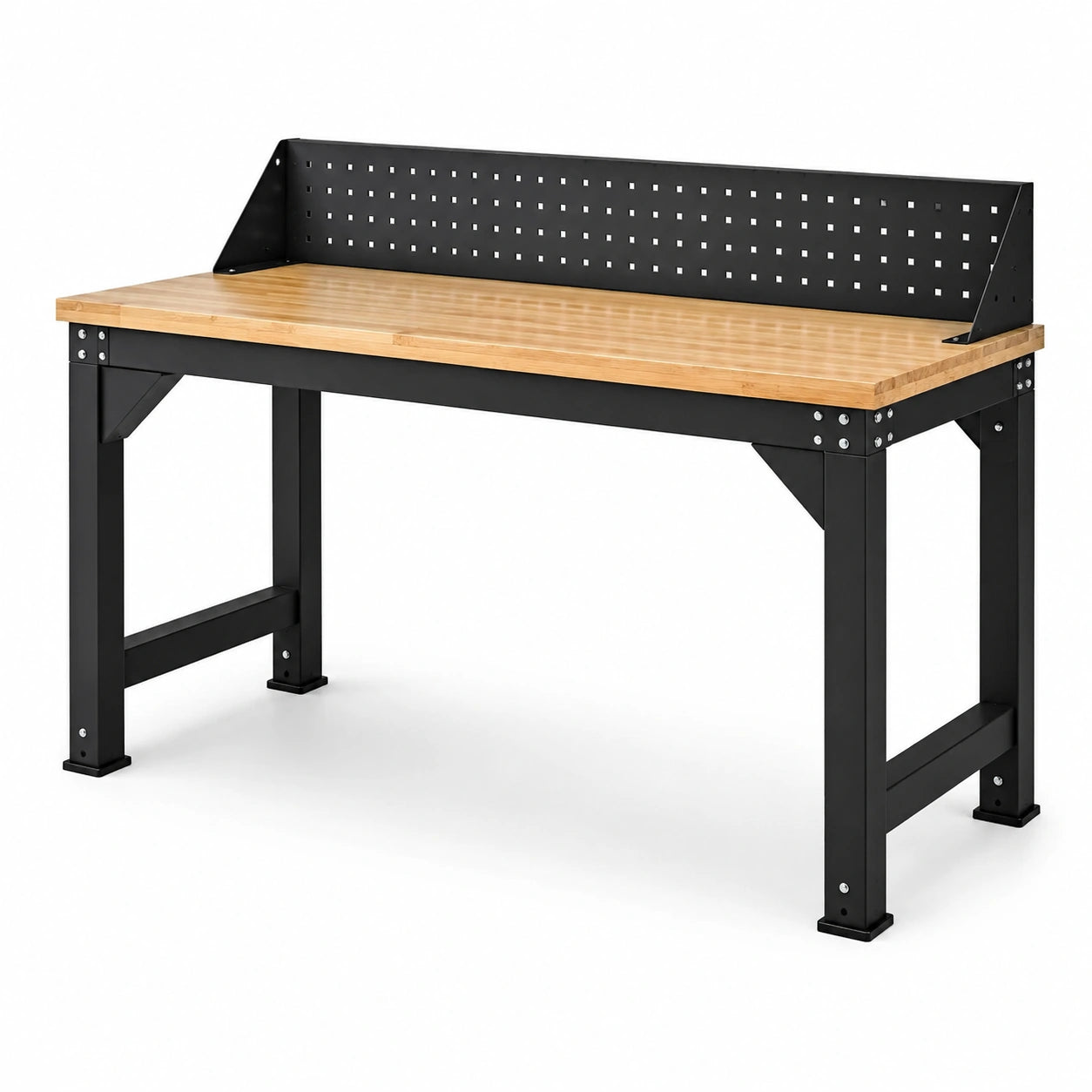 Werkbank mit Lochwand aus Holz und Stahl, 120 × 60 × 140 cm, Schwarz/Natur