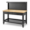 Werkbank aus Stahl und Holz, 120 × 60 × 150 cm, Schwarz/Natur, mit Lochwand, 2 Schubladen und 2 Ablagen