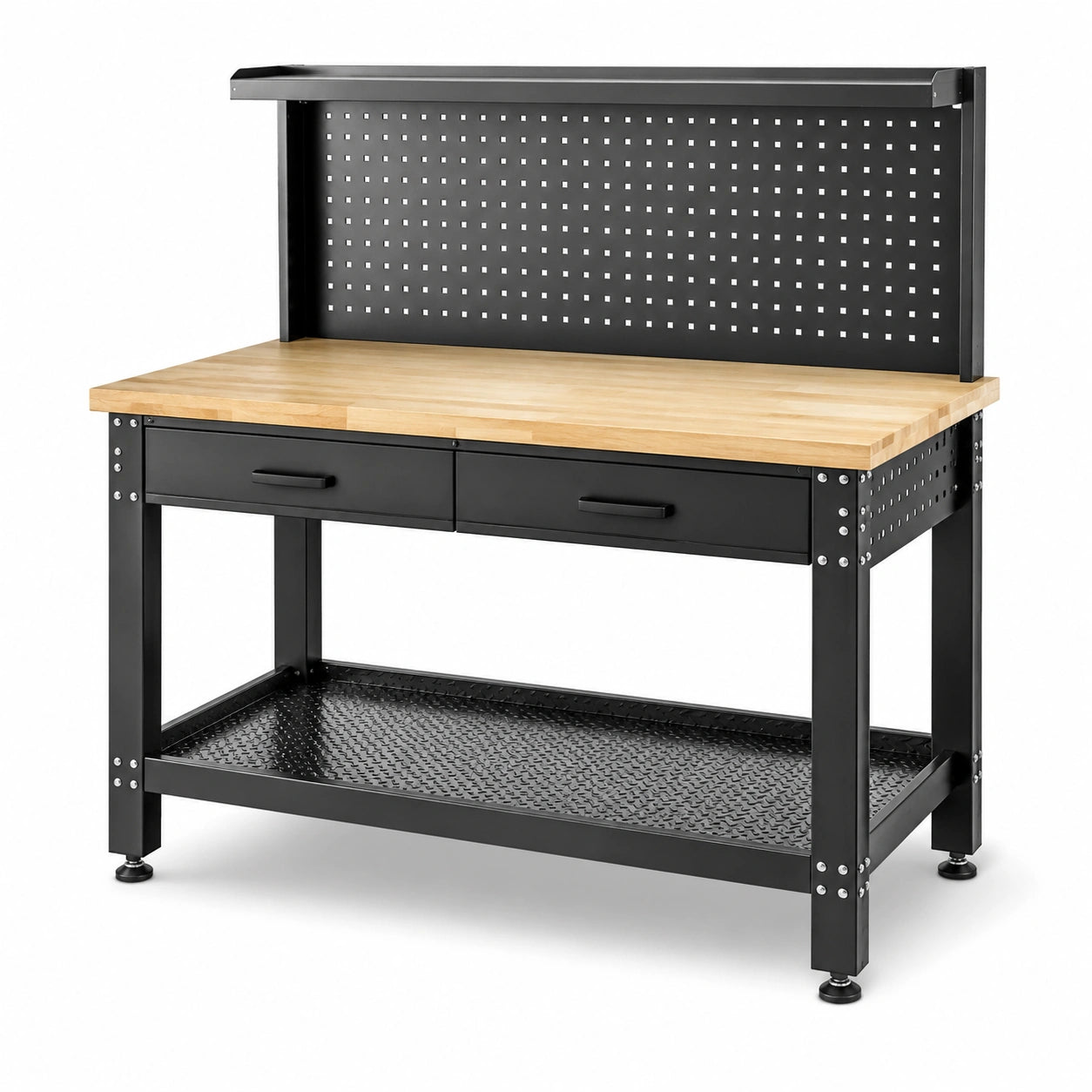 Werkbank aus Stahl und Holz, 120 × 60 × 150 cm, Schwarz/Natur, mit Lochwand, 2 Schubladen und 2 Ablagen
