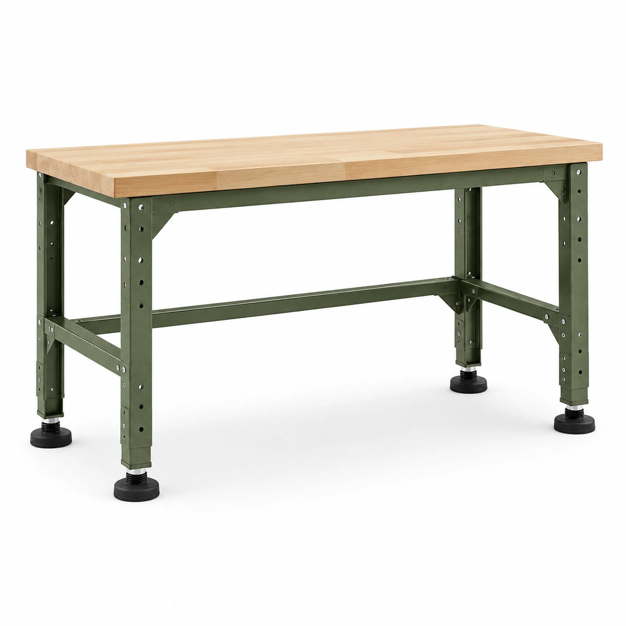 Werkbank 120 × 60 × 90 cm mit Massivholz-Arbeitsplatte, grünem Stahlgestell und verstellbaren Stellfüßen