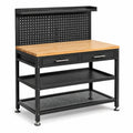 Werkbank aus Stahl und Holzwerkstoff, 120 × 60 × 150 cm, Schwarz/Natur, mit 2 Schubladen, Lochwand und 3 Ablagen