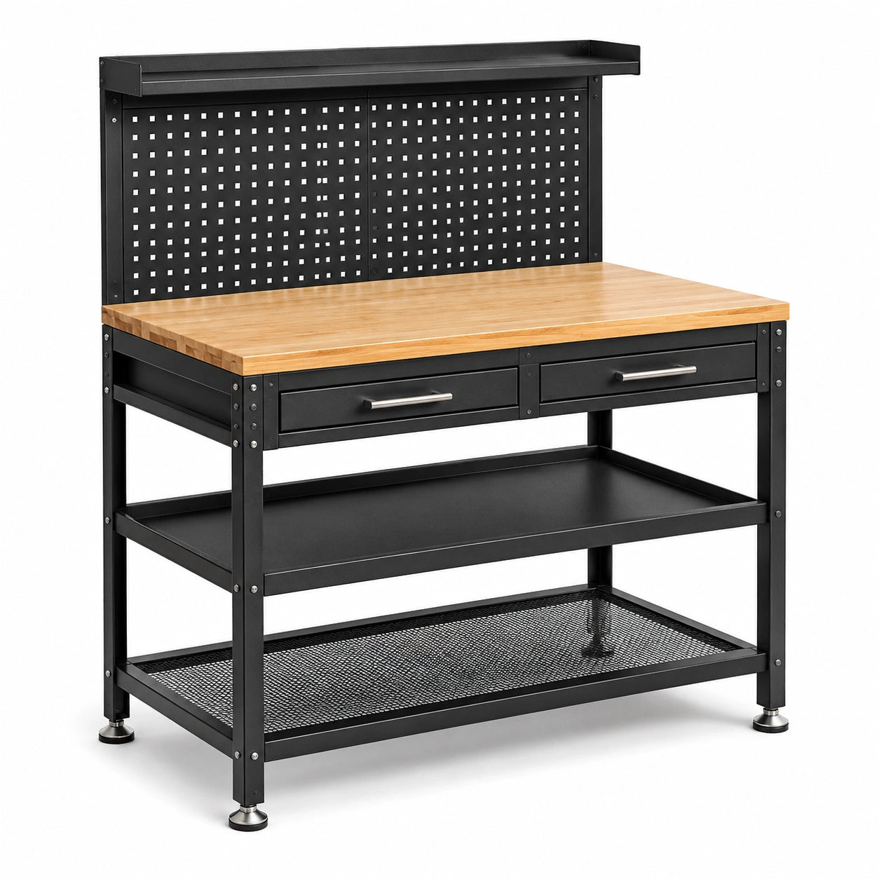 Werkbank aus Stahl und Holzwerkstoff, 120 × 60 × 150 cm, Schwarz/Natur, mit 2 Schubladen, Lochwand und 3 Ablagen