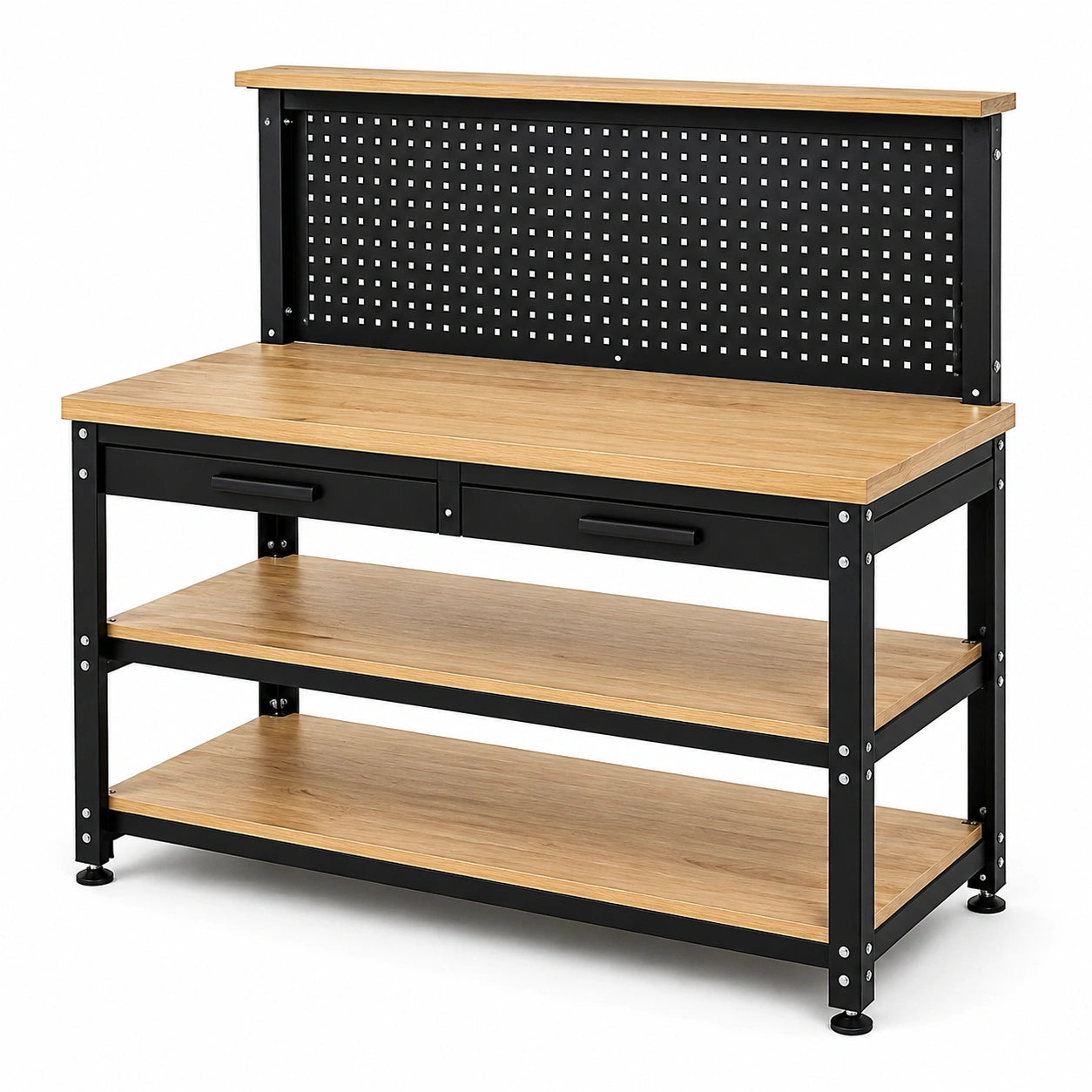 Werkbank mit Lochwand, 2 Schubladen und 3 Ablagen, 120 × 60 × 150 cm, Stahl und Holzwerkstoff, Schwarz/Natur