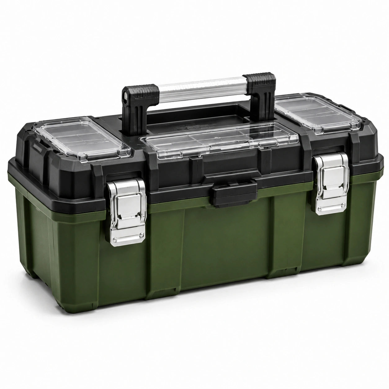 Robuste Aufbewahrungsbox, 48 × 25 × 24 cm, Grün-Schwarz, mit Metallverschlüssen und transparenten Deckelfächern