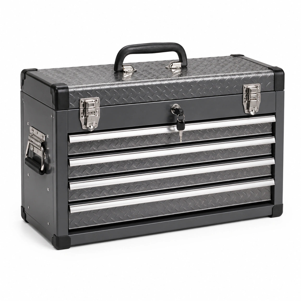 Abschließbarer Werkzeugkasten aus Metall mit 4 Schubladen, Grau/Schwarz/Silber, 51 × 22 × 39 cm