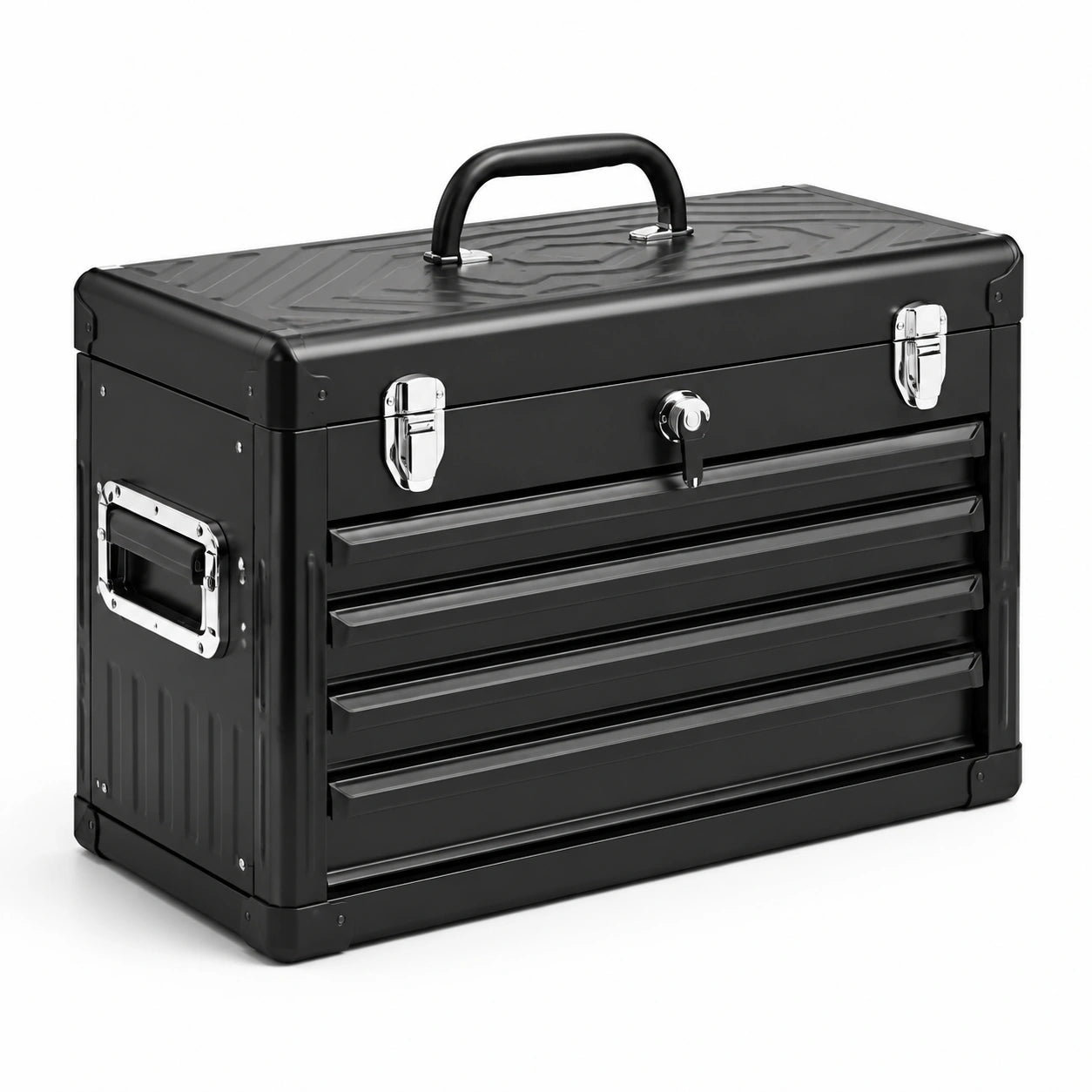Werkzeugkoffer aus Stahl mit 4 Schubladen, oberem Fach und Tragegriff, 51 × 22 × 40 cm, Schwarz/Silber