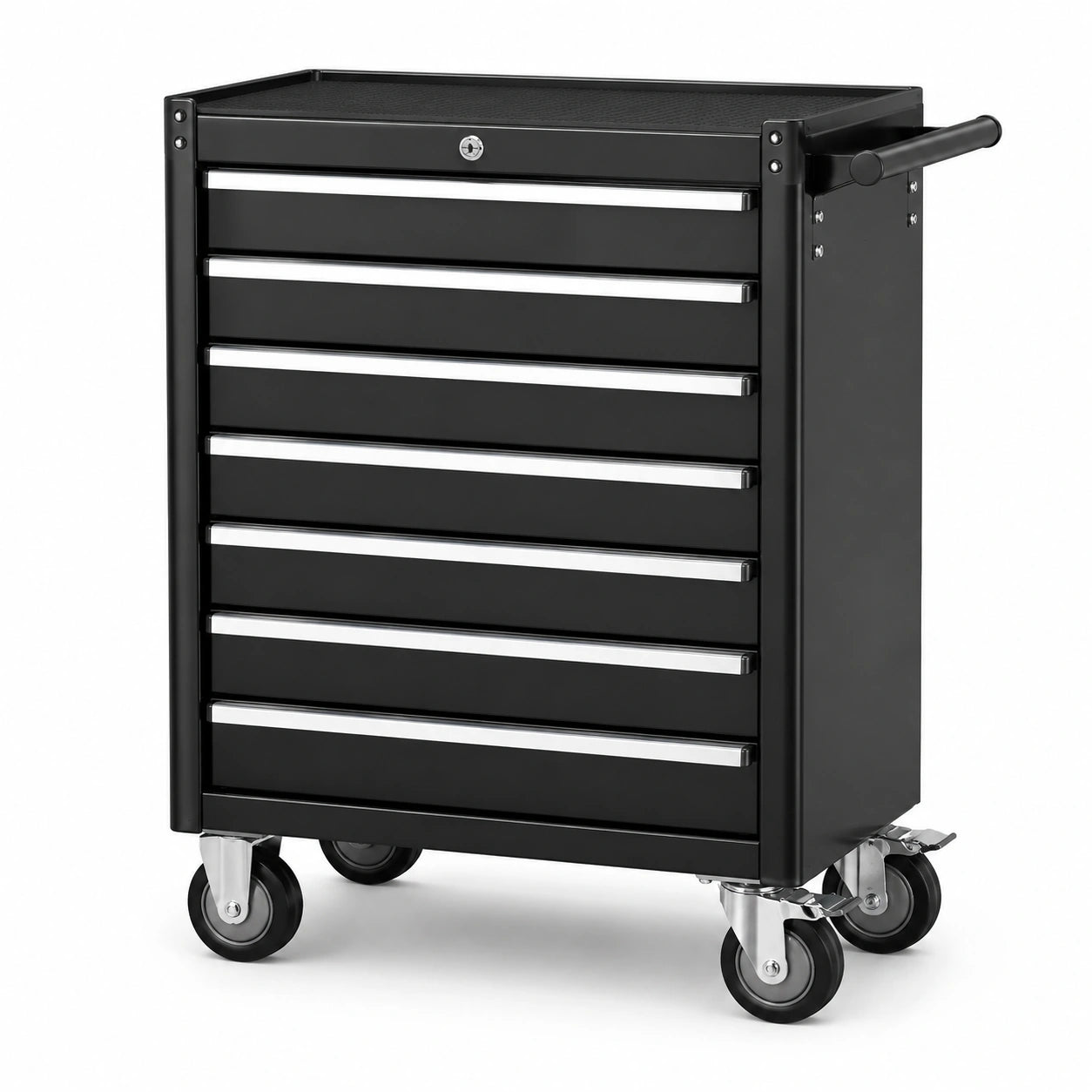 Abschließbarer Stahl-Werkzeugwagen mit 7 Schubladen und Rollen, 69 × 33 × 77 cm, Schwarz/Silber