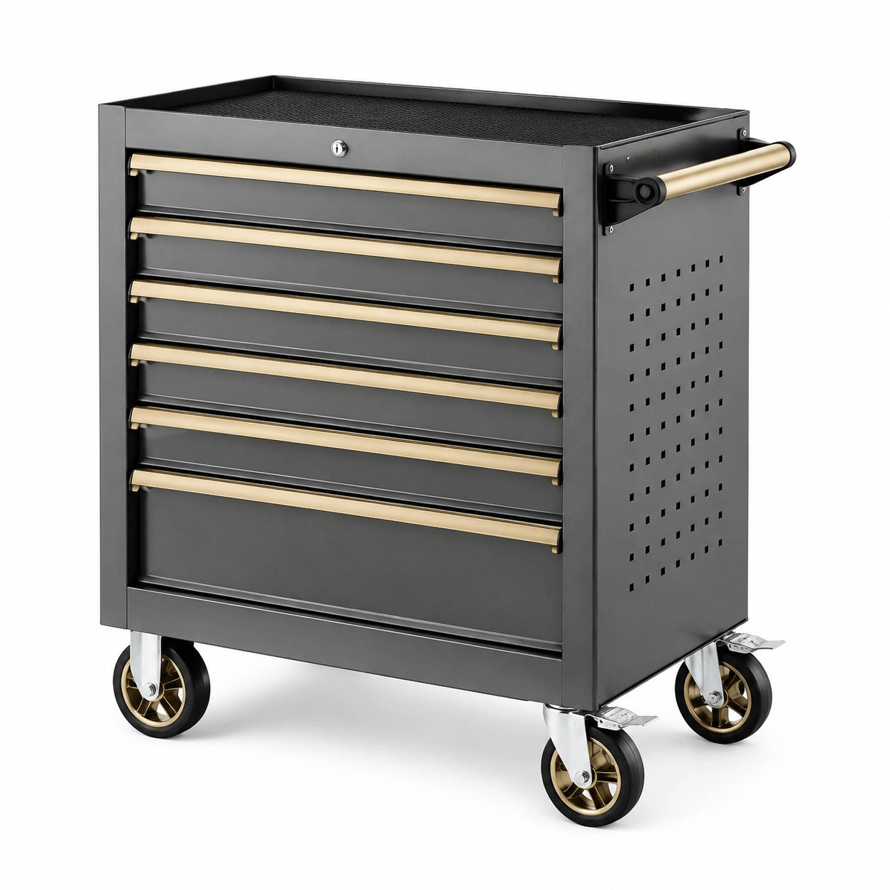 Abschließbarer Werkzeugwagen aus Stahl mit 6 Schubladen und 4 Lenkrollen, 77 × 46 × 97 cm, Schwarz/Gold/Silber