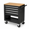 Mobiler Werkstattwagen 70 × 46 × 86 cm in Schwarz mit naturfarbener Holzarbeitsplatte, 4 abschließbaren Schubladen und Rollen