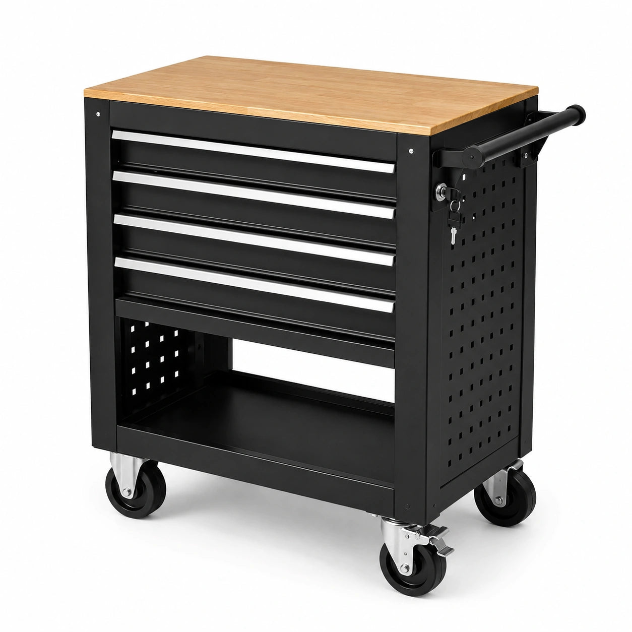 Mobiler Werkstattwagen 70 × 46 × 86 cm in Schwarz mit naturfarbener Holzarbeitsplatte, 4 abschließbaren Schubladen und Rollen