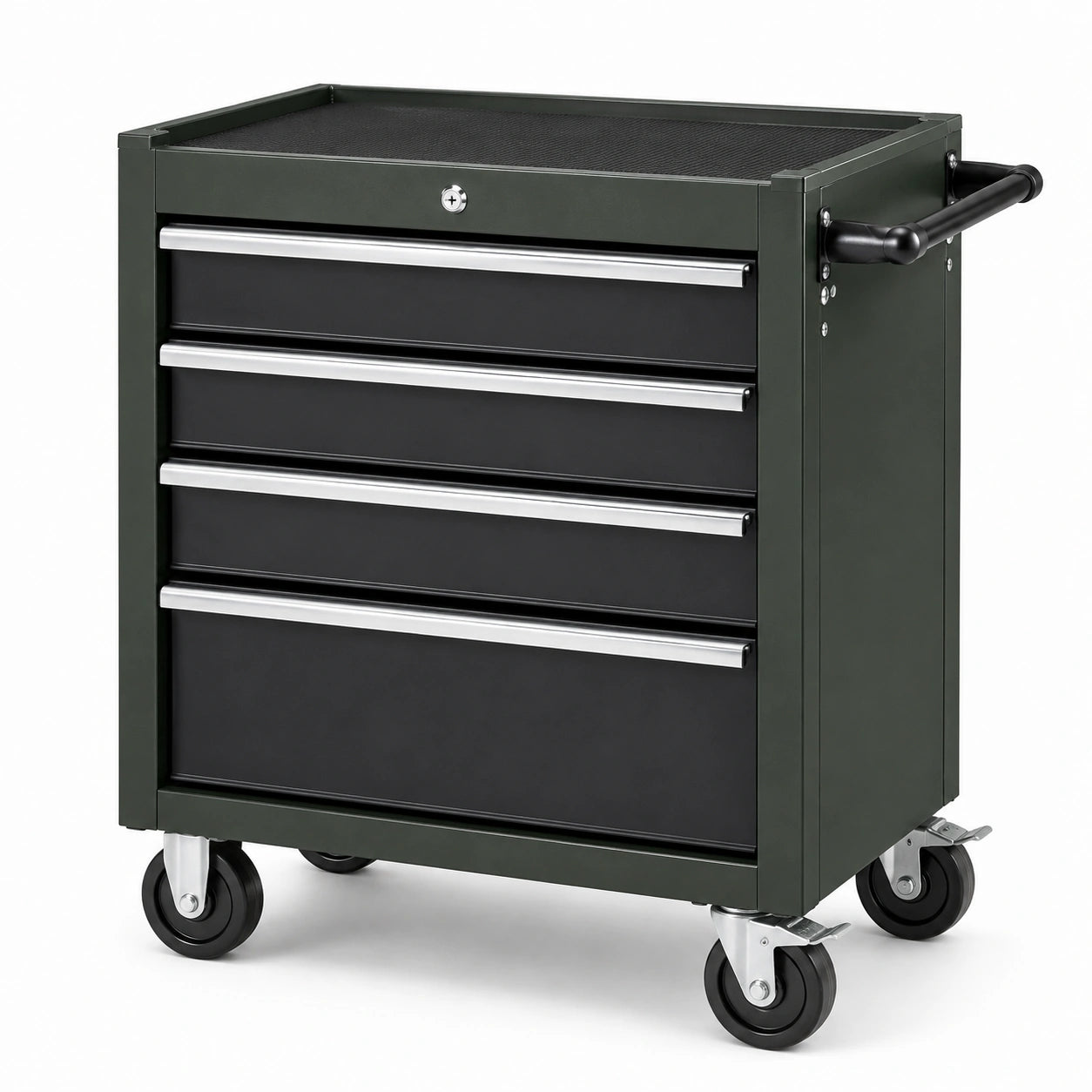Mobiler Werkzeugwagen aus Stahl mit 4 abschließbaren Schubladen, 77 × 46 × 89 cm, Dunkelgrün/Schwarz/Silber