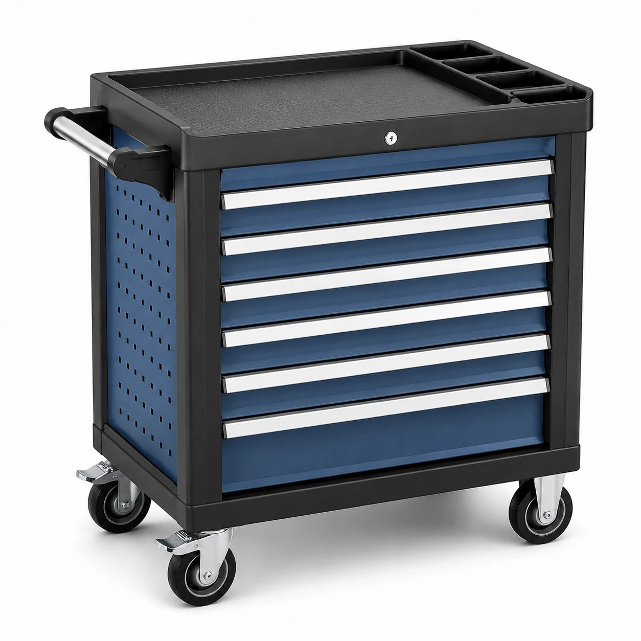 Mobiler Werkzeugwagen aus Stahl mit 7 abschließbaren Schubladen, 77 × 46 × 88 cm, Schwarz/Dunkelblau/Silber