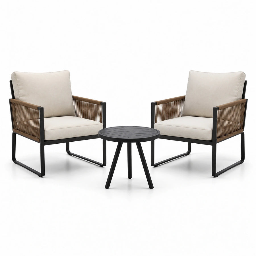 3-teiliges Gartenmöbel-Set mit 2 Sesseln 72 × 75 × 79 cm und rundem Tisch Ø 55 × 45 cm, Beige/Braun/Schwarz