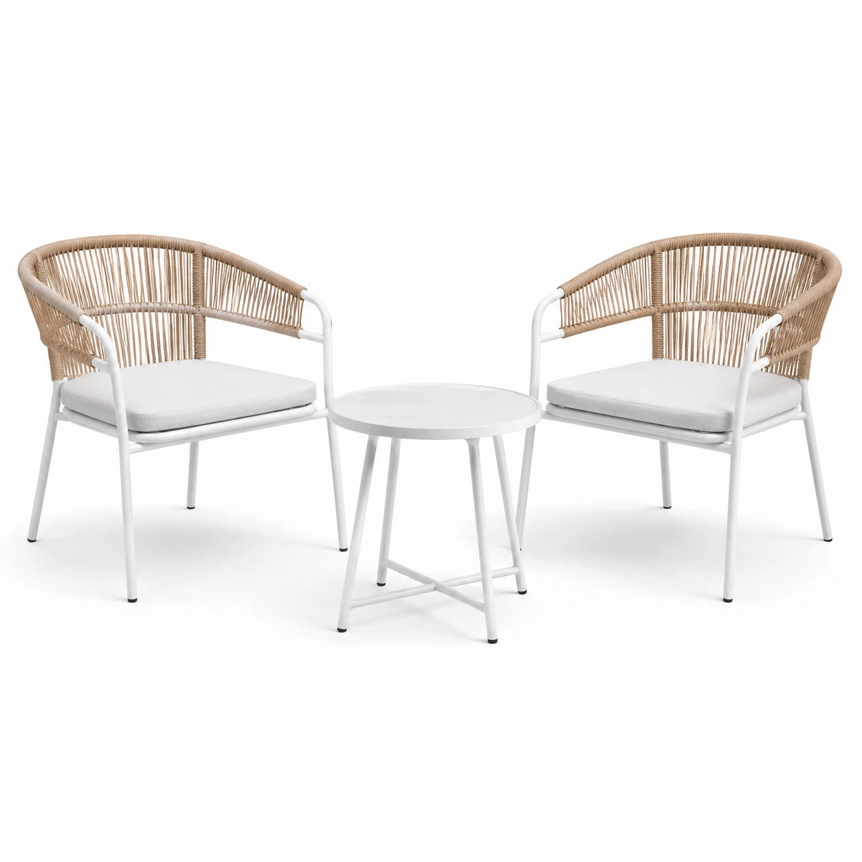 3-teiliges Gartenmöbel-Set mit 2 Armlehnstühlen 58 × 60 × 75 cm und Rundtisch Ø 50 × 50 cm, Weiß/Natur