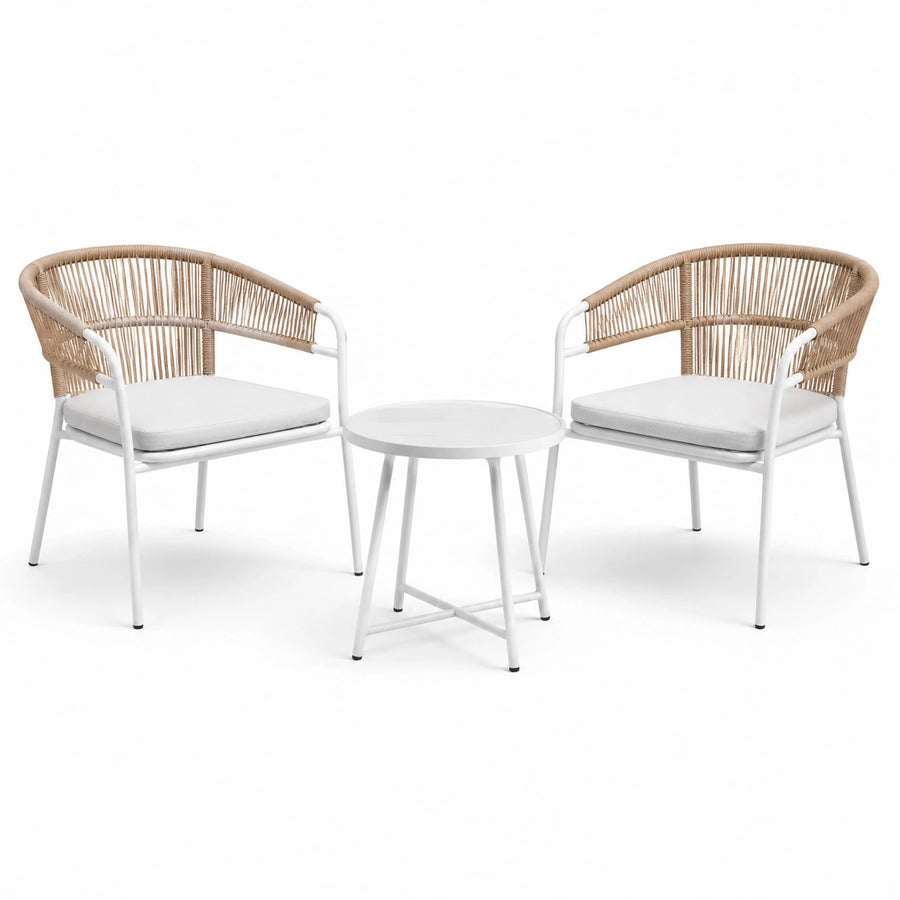 3-teiliges Gartenmöbel-Set mit 2 Armlehnstühlen 58 × 60 × 75 cm und Rundtisch Ø 50 × 50 cm, Weiß/Natur
