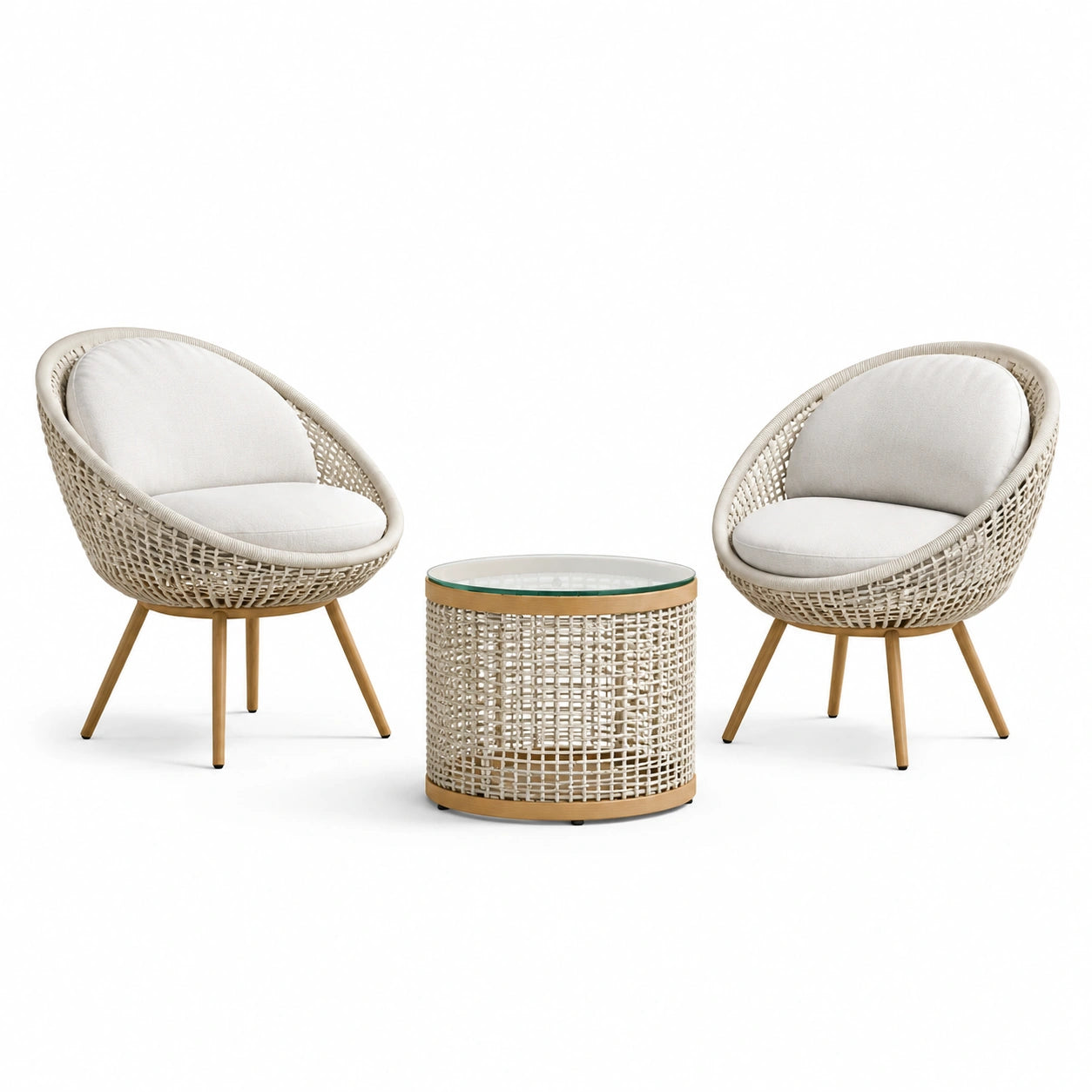 3-teiliges Gartenmöbel-Set mit 2 Sesseln 76 × 78 × 82 cm und Glastisch Ø 60 × 48 cm, Beige, Creme und Hellbraun