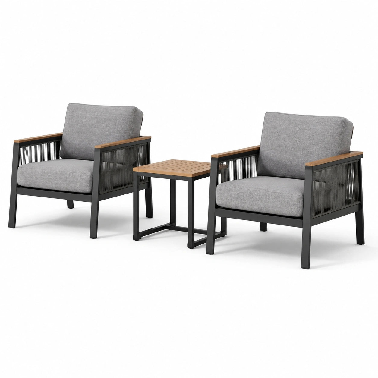 3-teiliges Gartenmöbel-Set mit 2 Sesseln 69 × 75 × 79 cm und Beistelltisch 50 × 50 × 50 cm, Grau/Schwarz/Braun
