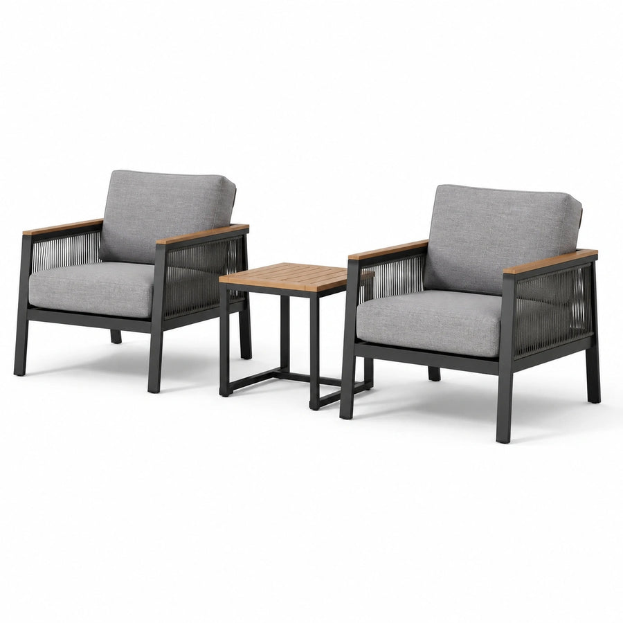 3-teiliges Gartenmöbel-Set mit 2 Sesseln 69 × 75 × 79 cm und Beistelltisch 50 × 50 × 50 cm, Grau/Schwarz/Braun