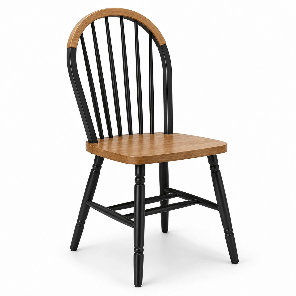 Esszimmerstuhl aus Holz und Metall, 52 × 45 × 88 cm, Braun und Schwarz, mit bogenförmiger Spindelrückenlehne