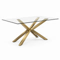 Moderner Esstisch mit transparenter Glasplatte und skulpturalem Metallgestell in Gold, 160 × 90 × 76 cm