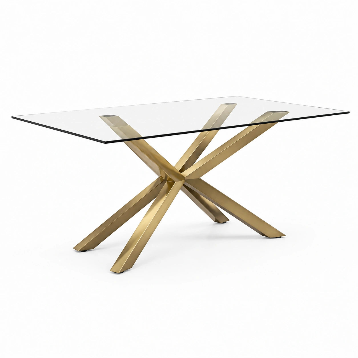 Moderner Esstisch mit transparenter Glasplatte und skulpturalem Metallgestell in Gold, 160 × 90 × 76 cm
