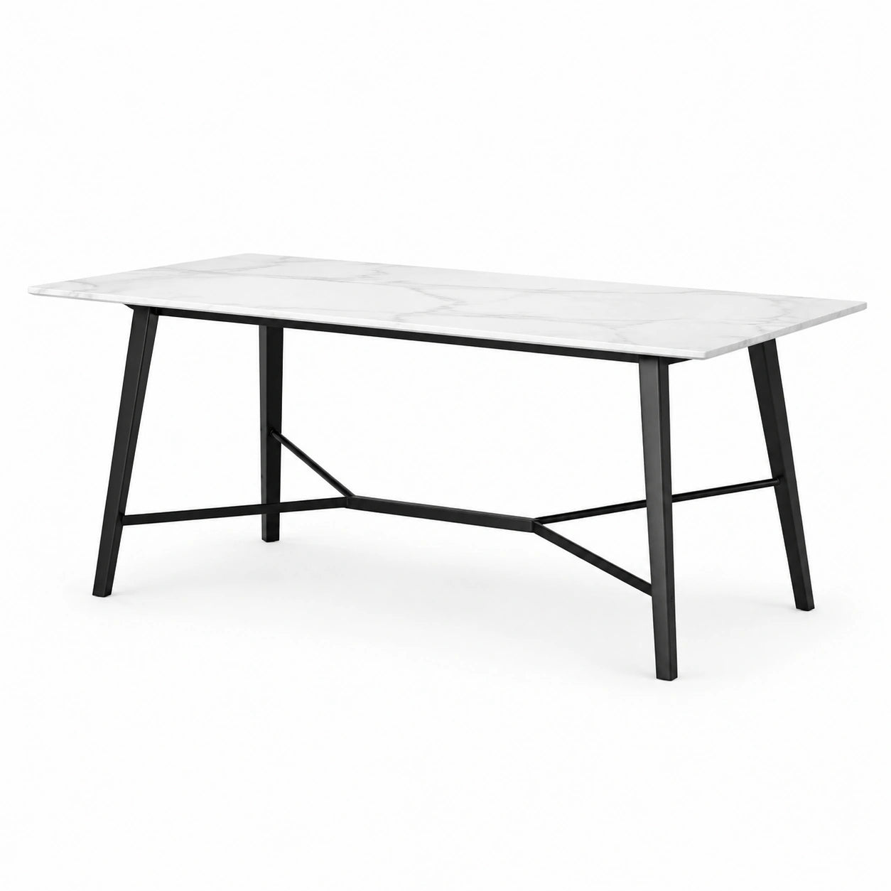 Moderner Esstisch 160 × 90 × 75 cm mit weiß-grauer Tischplatte in Marmoroptik und schwarzem Metallgestell