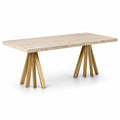 Moderner Esstisch in beiger Travertinoptik mit goldfarbenem Metallgestell, 180 × 90 × 76 cm