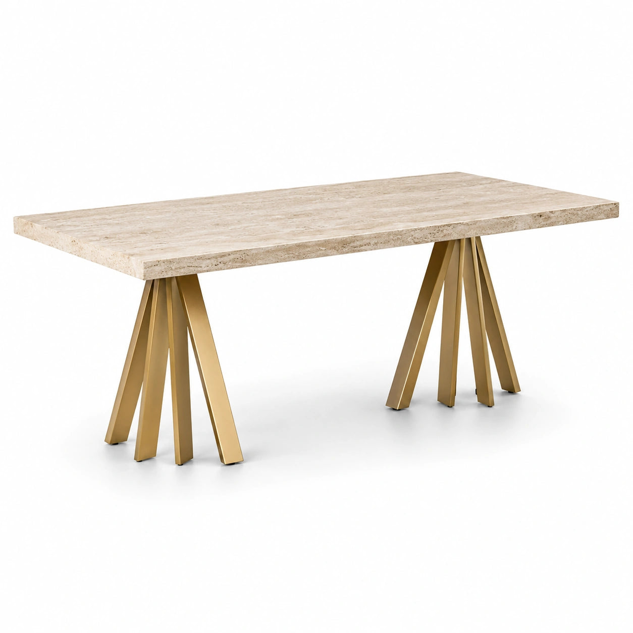 Moderner Esstisch in beiger Travertinoptik mit goldfarbenem Metallgestell, 180 × 90 × 76 cm