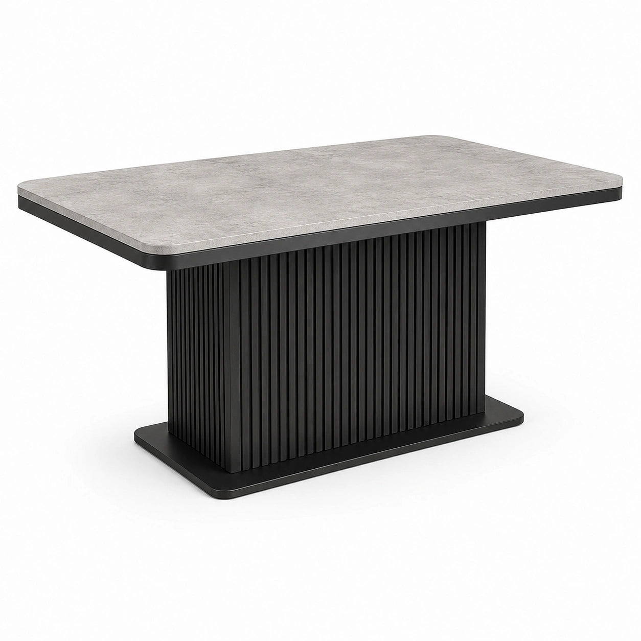 Moderner Esstisch mit Lamellensockel, 140 × 80 × 75 cm, Grau und Schwarz, Steinoptik