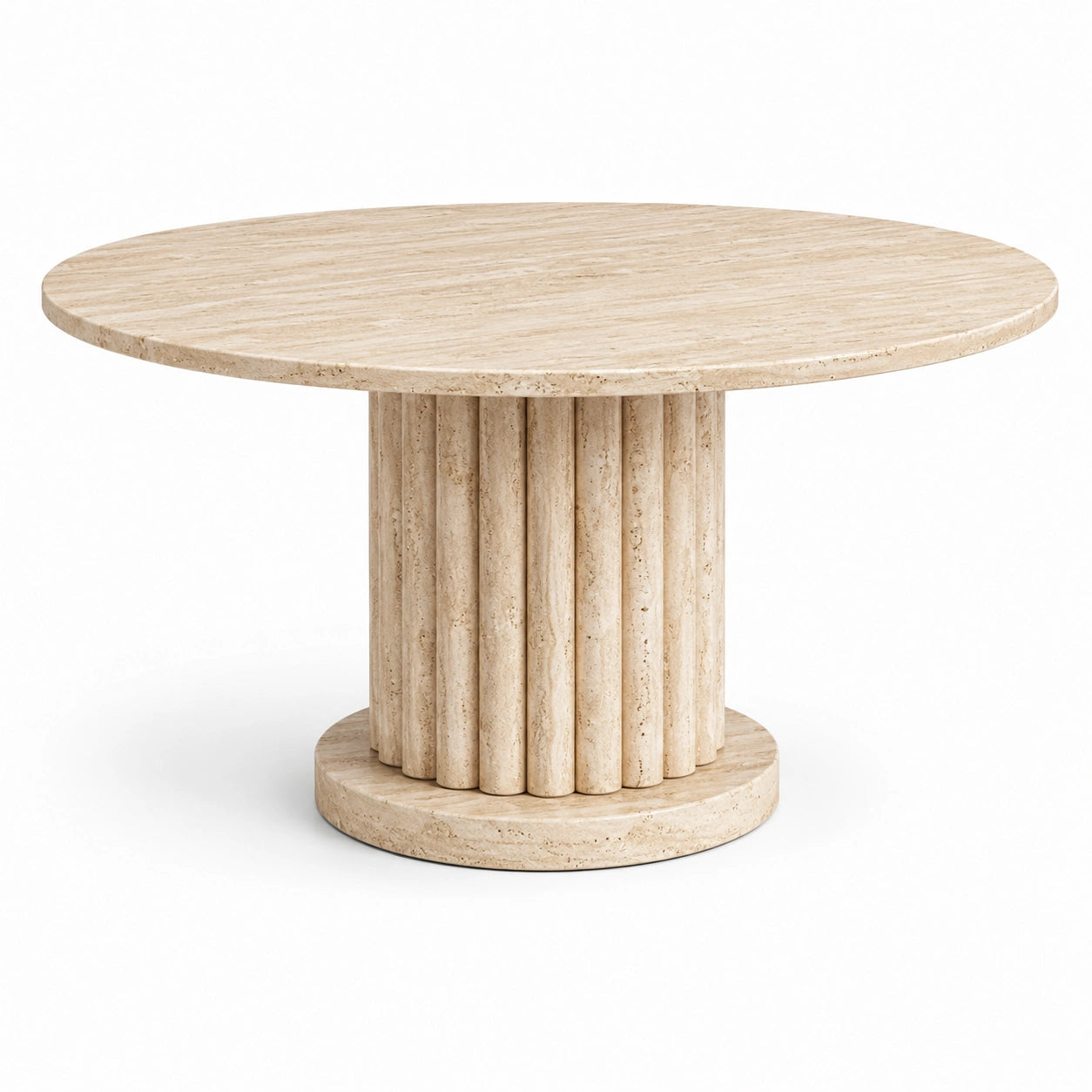 Runder Esstisch aus Travertin in Beige, Ø 120 × H 75 cm, mit geriffeltem Säulenfuß