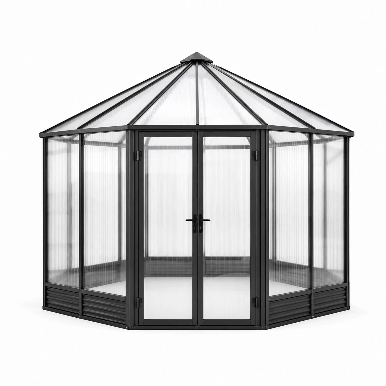Gewächshaus mit Doppeltür, Aluminiumrahmen und Polycarbonatplatten, 360 × 360 × 285 cm, Schwarz/Transparent