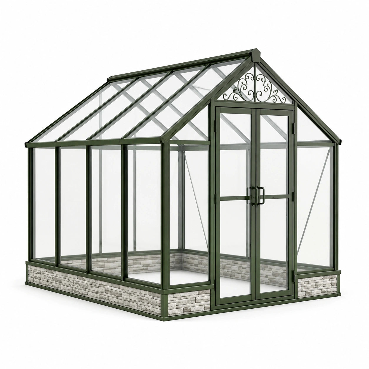 Gewächshaus 250 × 190 × 220 cm mit dunkelgrünem Aluminiumrahmen, transparenter Verglasung und Doppeltür