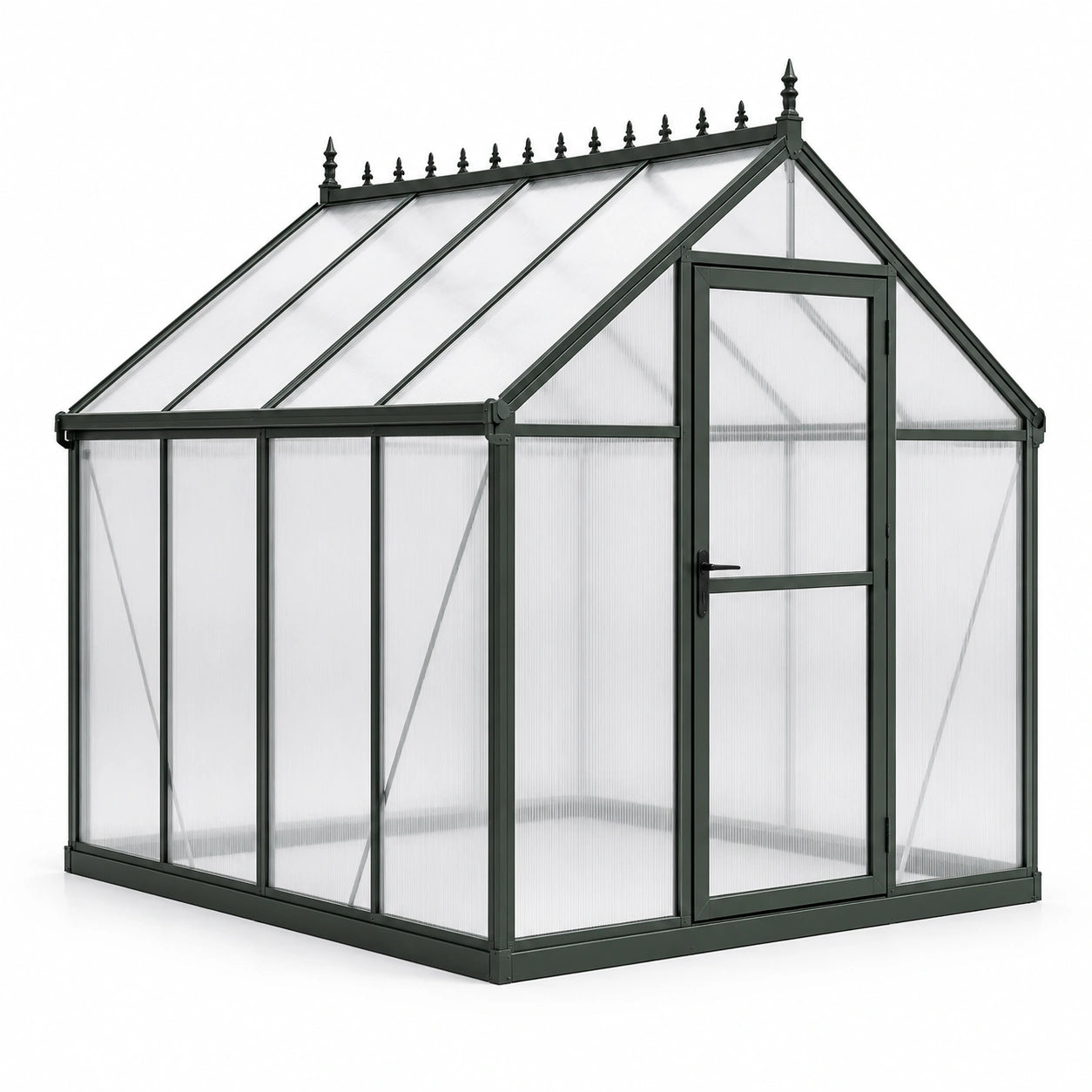 Gewächshaus aus Aluminium und Polycarbonat, 190 × 250 × 220 cm, Dunkelgrün und Transparent, mit Drehtür