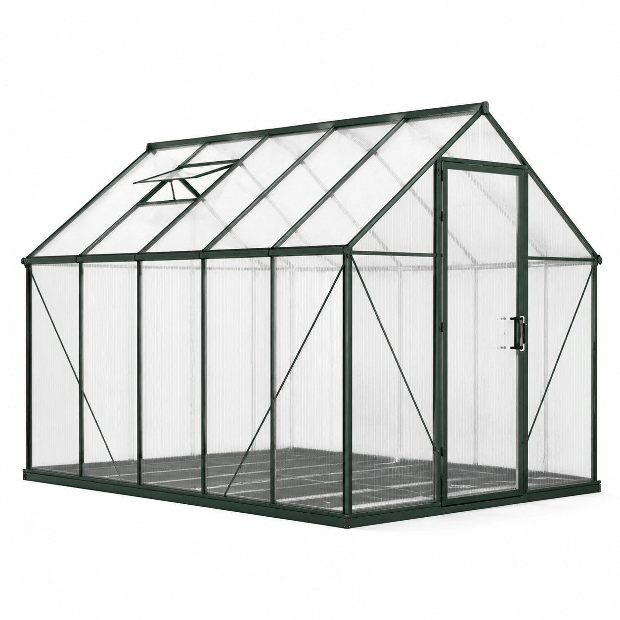 Gewächshaus aus Aluminium und Polycarbonat mit Dachfenster, 250 × 190 × 195 cm, Dunkelgrün/Transparent