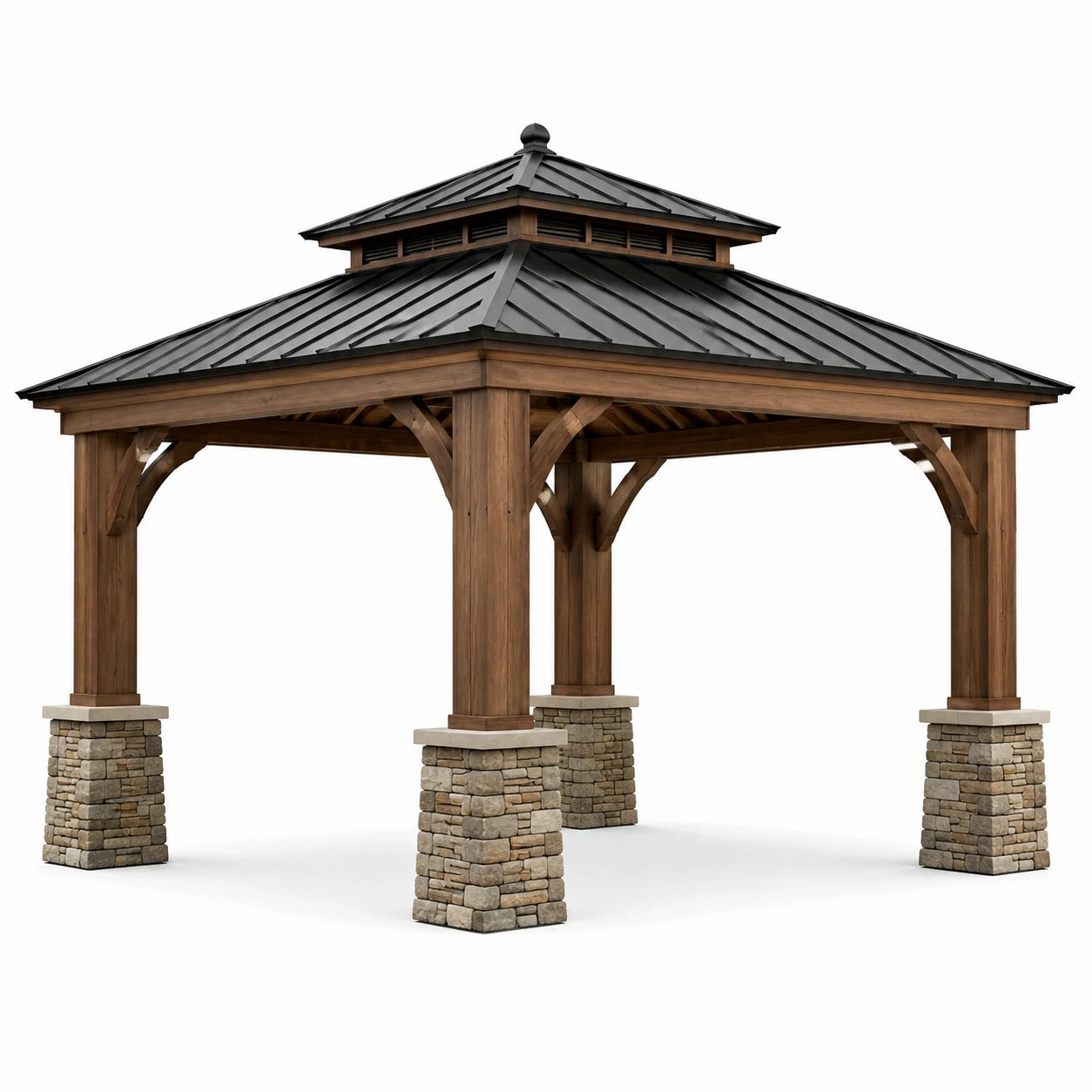 Gartenpavillon mit Holzrahmen, Metalldoppeldach und Sockeln in Steinoptik, Braun/Anthrazit/Grau/Beige, 400 × 400 × 350 cm