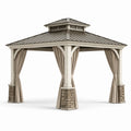 Gartenpavillon 363 × 363 × 310 cm aus Metall in Taupe, Grau und Beige mit festem Doppeldach und Vorhängen