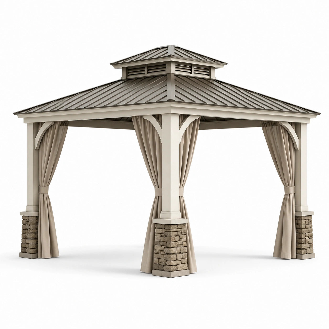 Gartenpavillon 363 × 363 × 310 cm aus Metall in Taupe, Grau und Beige mit festem Doppeldach und Vorhängen