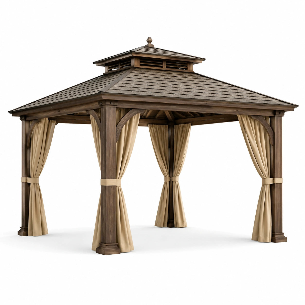Gartenpavillon aus Holz, 360 × 360 × 330 cm, Dunkelbraun mit beigen Vorhängen, klassischer Stil
