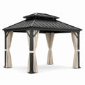 Gartenpavillon 488 × 366 × 310 cm, Anthrazit und Beige, mit festem Metalldoppeldach und Vorhängen