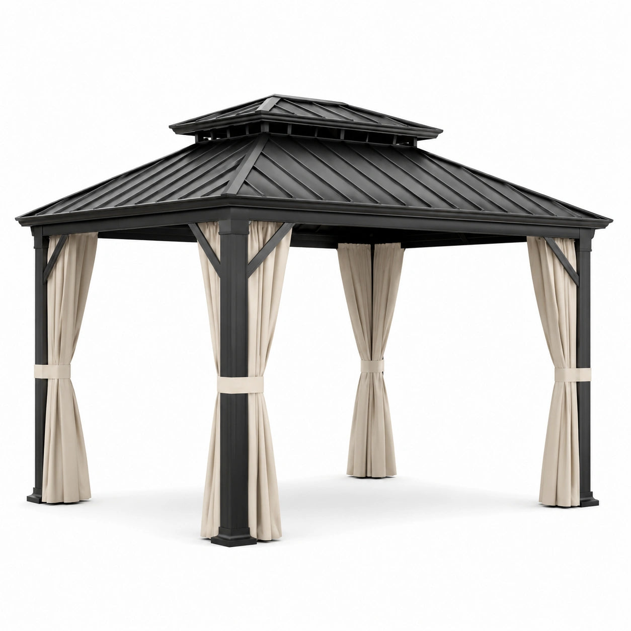 Gartenpavillon 488 × 366 × 310 cm, Anthrazit und Beige, mit festem Metalldoppeldach und Vorhängen