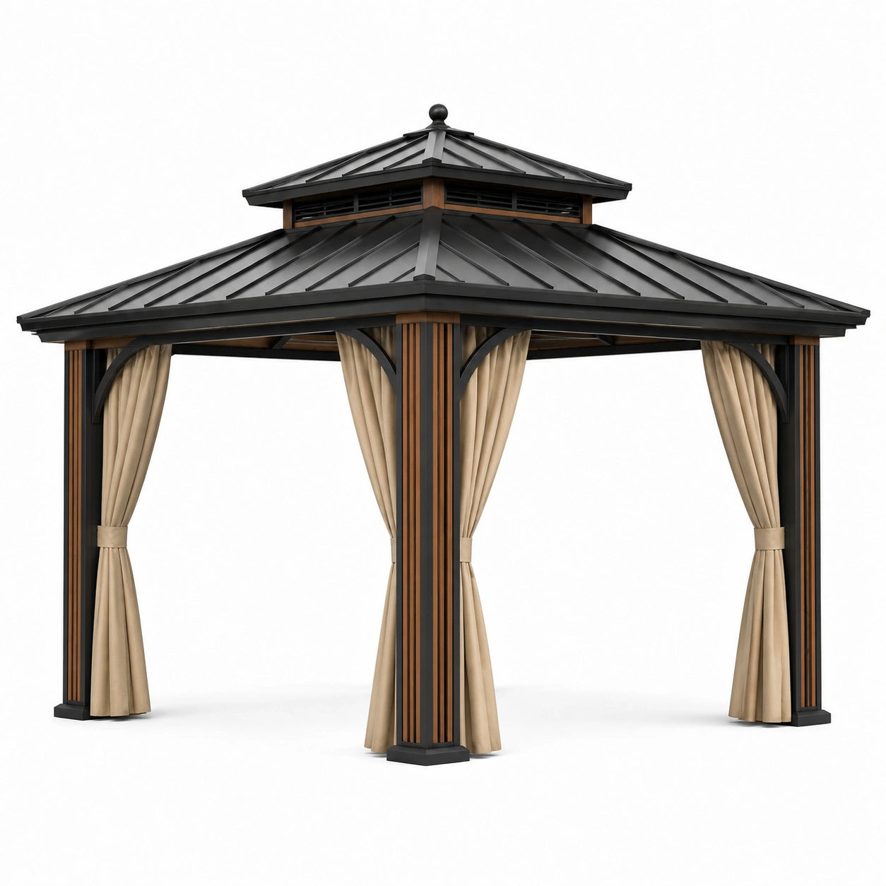 Gartenpavillon aus Metall mit Doppeldach und Vorhängen, 300 × 300 × 290 cm, Schwarz, Braun und Beige
