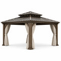 Gartenpavillon aus Holz mit Stahldach und Vorhängen, Braun und Beige, 360 × 300 × 300 cm